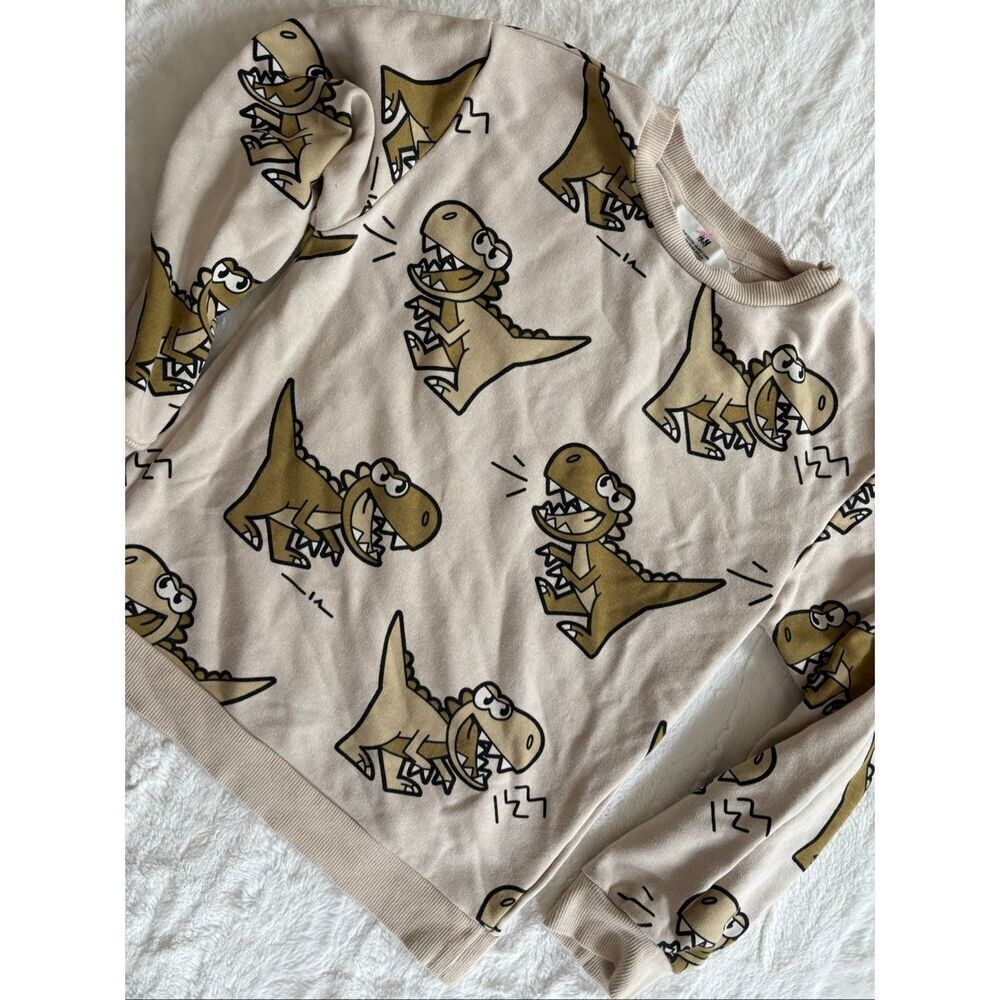 H&M Kids Dinosaur Sweatshirt | Size 6-7 | Cartoon T-Rex Print | Neutral Tan